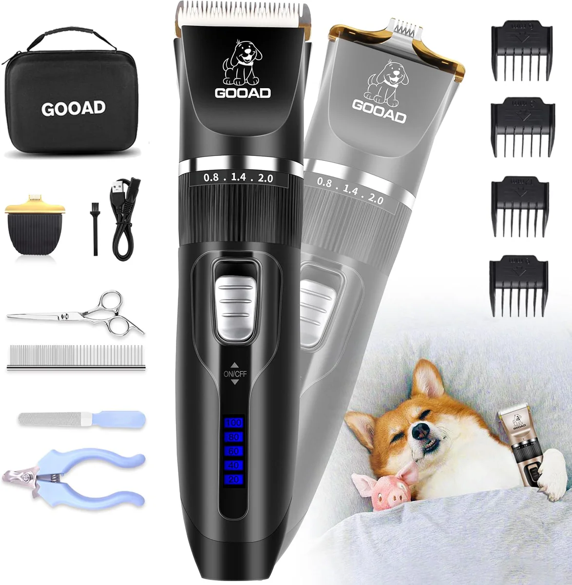 GOOAD Dog Grooming Clippers Kit Cordless Pet Hair Trimmer Low Noise