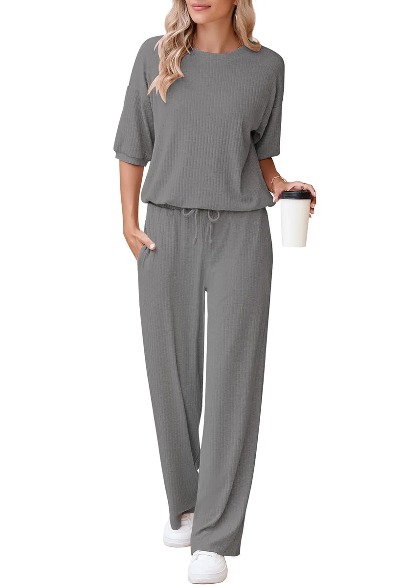 AOHITE Womens Ribbed Knit Lounge Set - Two Piece Outfit