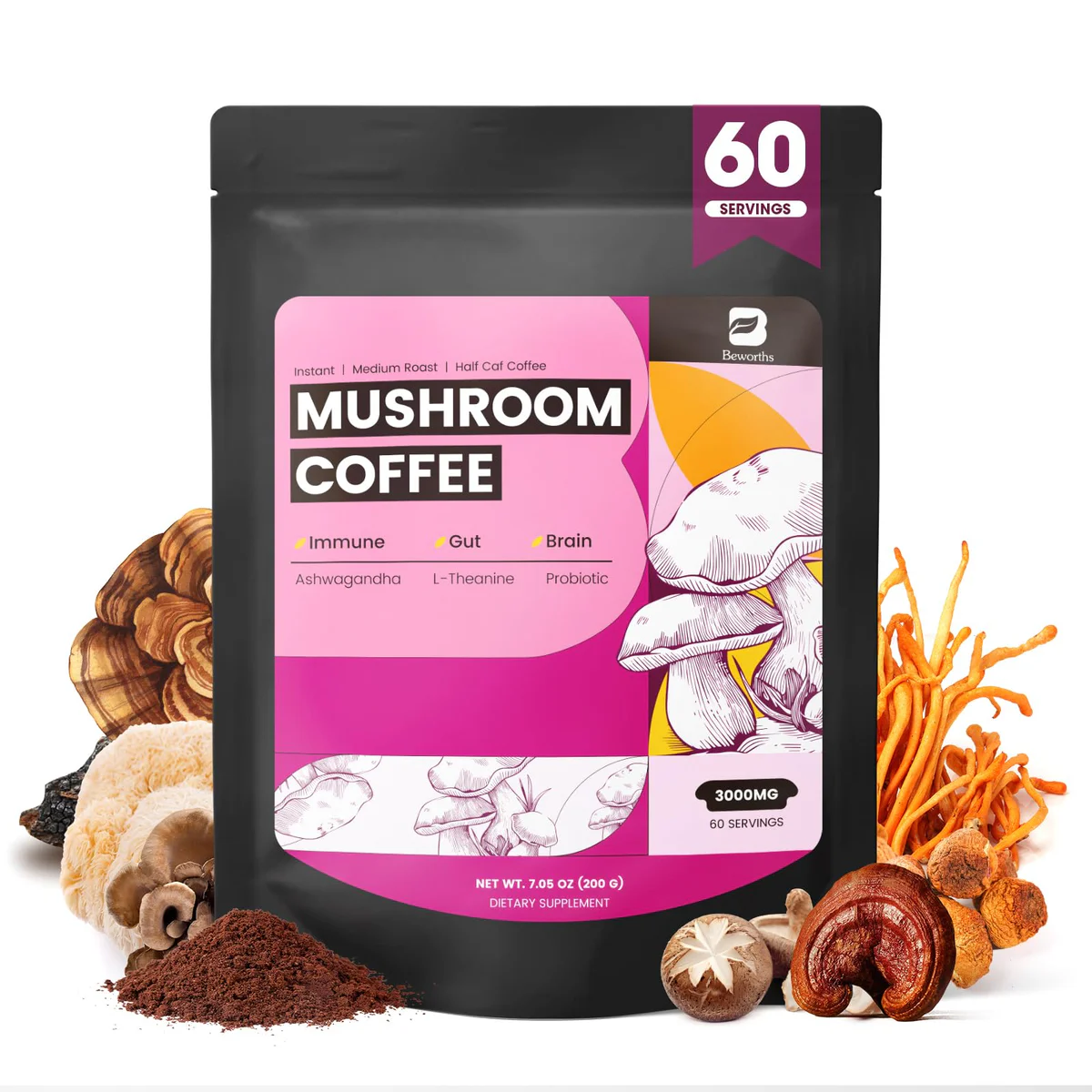 B BEWORTHS Mushroom Coffee with Ashwagandha - 60 Servings