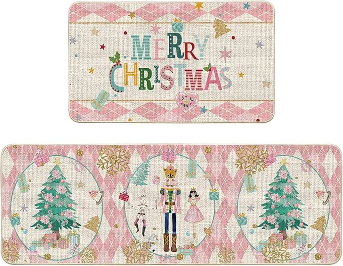 Diamond Plaid Nutcracker Merry Christmas Kitchen Mats