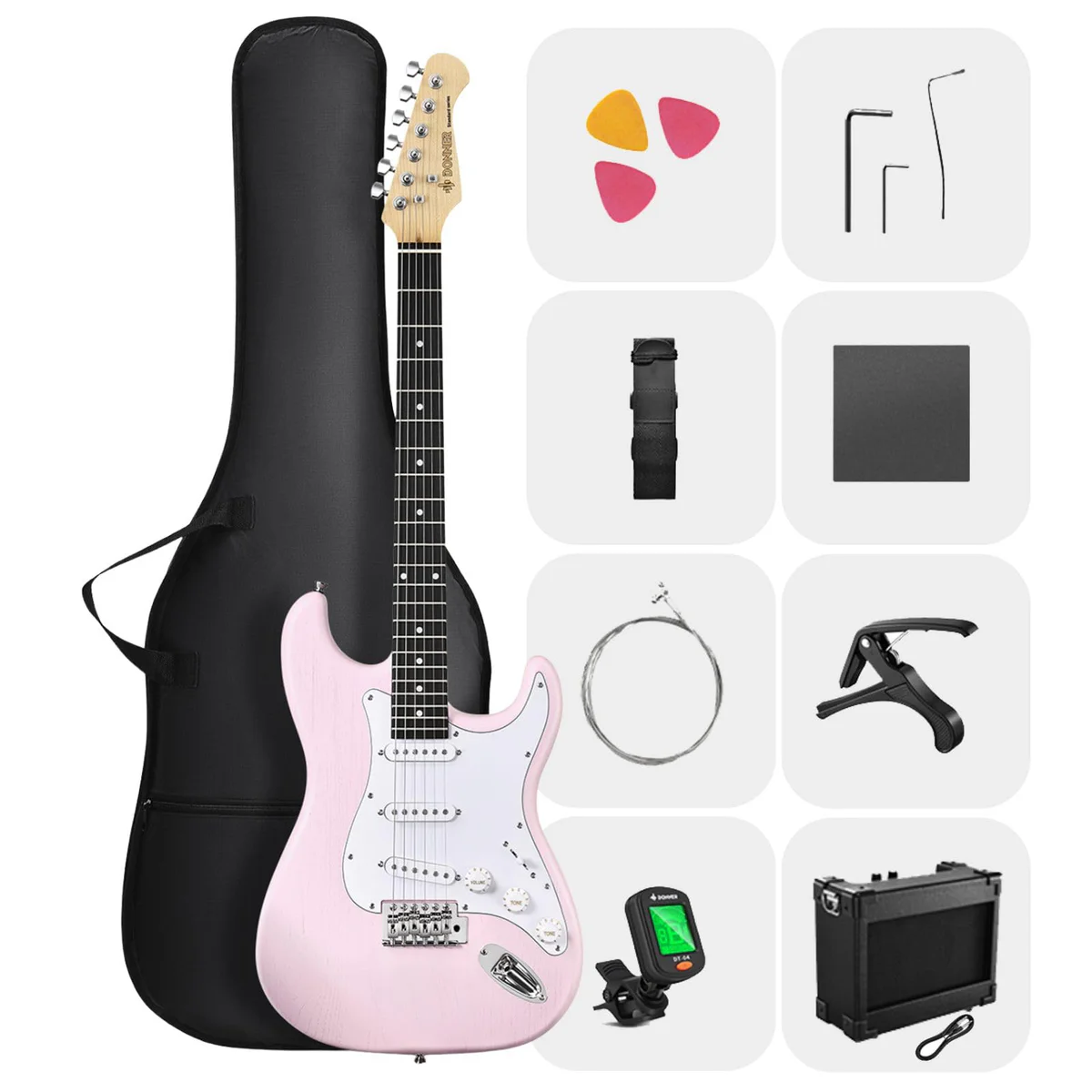 Donner Pink Electric Guitar Starter Kit with Amplifier and Accessories