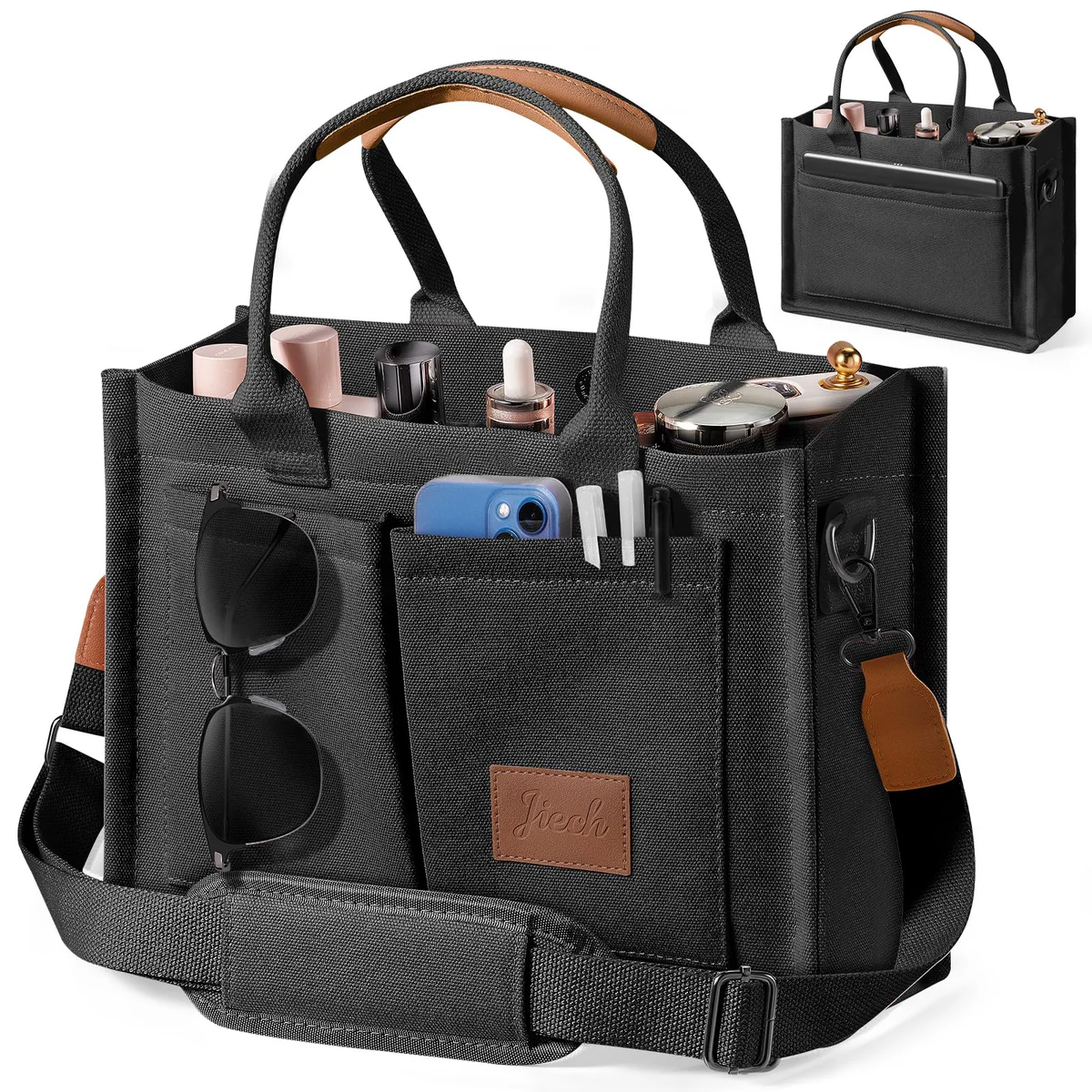 JIECH Canvas Crossbody Tote Bag with Pockets