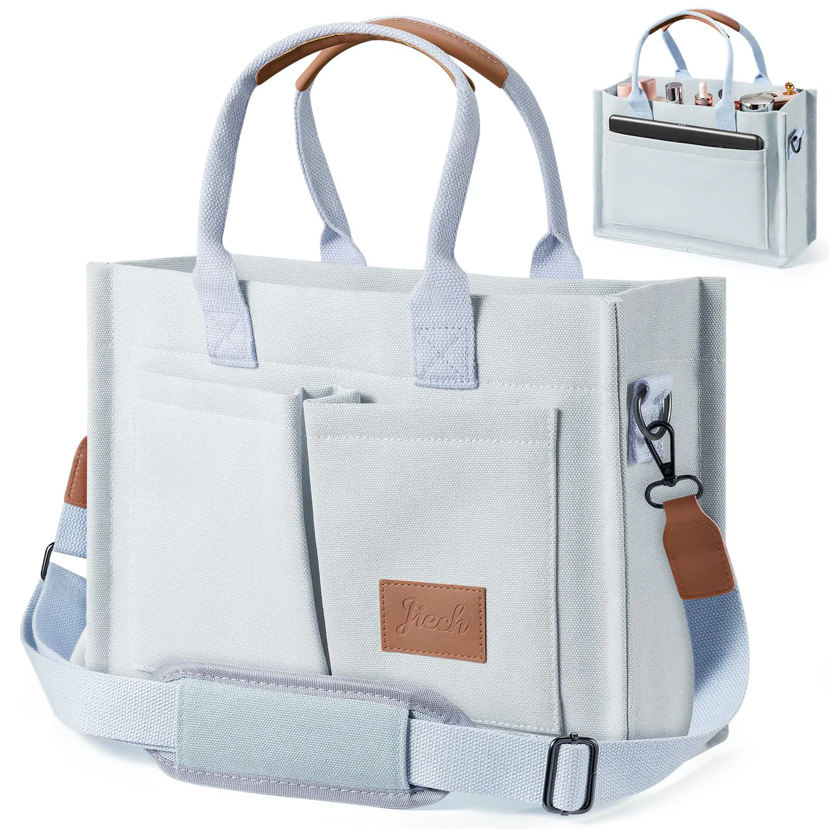 JIECH Canvas Tote Bag with Pockets and Zipper