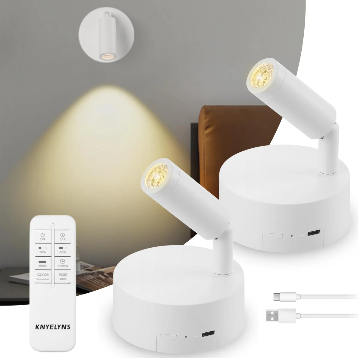 Wireless Spot Lights Indoor (2 Pack), Uplighting with Remote, Rechargeable and Dimmable Plant Spotlight Indoor, Wireless Picture Lights for Wall, Plant, Artwork, Painting 2 White