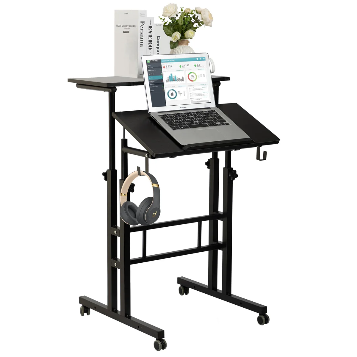 BarleyHome Mobile Stand Up Desk, Adjustable Laptop Desk with Wheels Home Office Workstation, Rolling