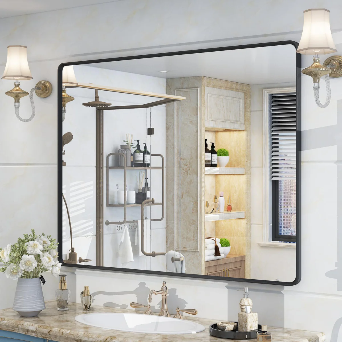 OKPAL Black Metal Framed Bathroom Mirror