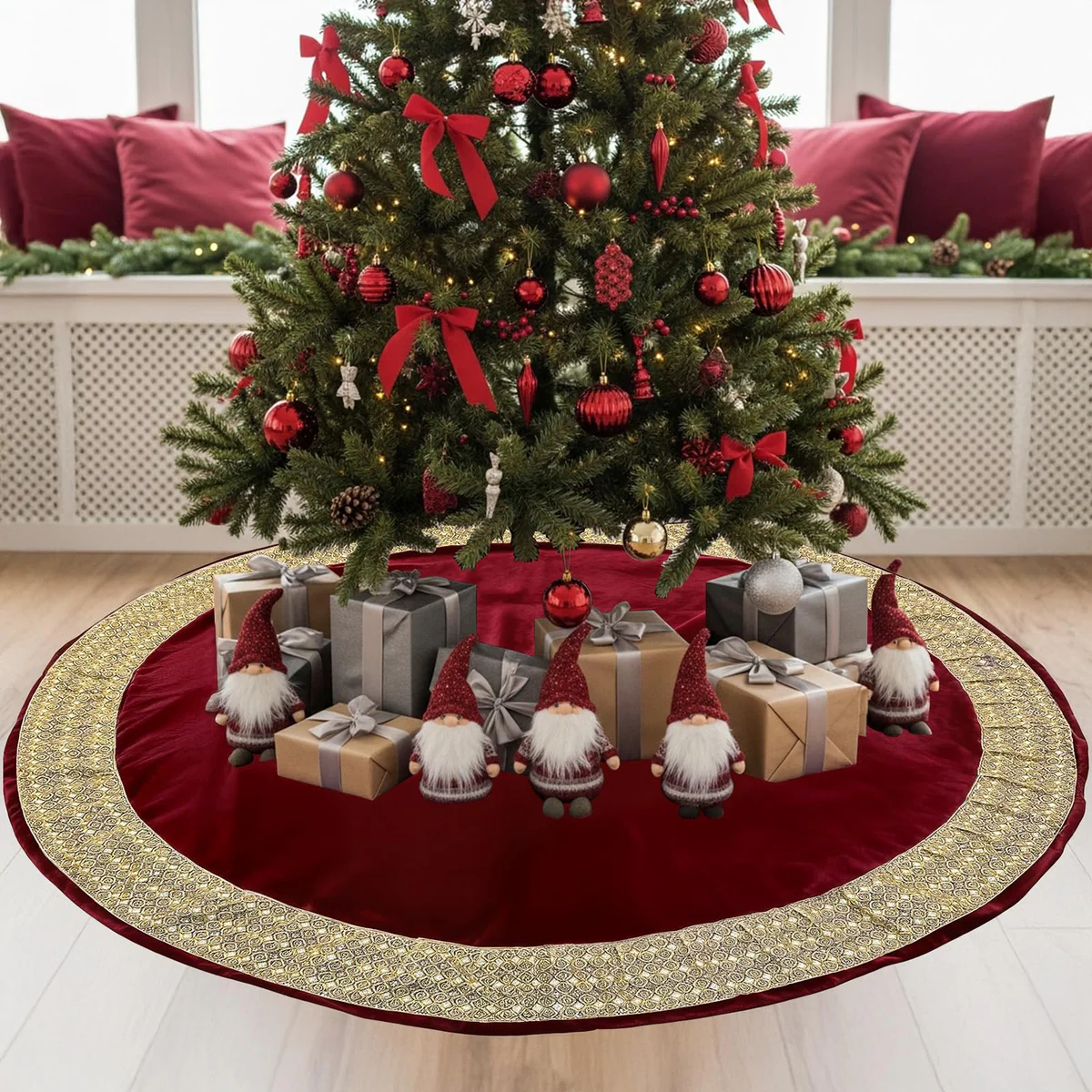 OurWarm Christmas Tree Skirt Velvet Gold Trim