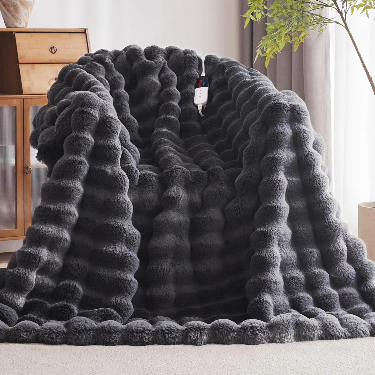 Anysay Heated Faux Rabbit Fur Throw Blanket