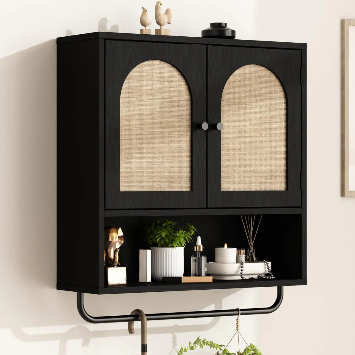 RUSTOWN Arched Rattan Bathroom Wall Cabinet with Towel Bar
