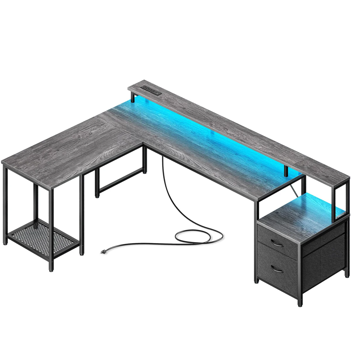 PRAISUN L-Shaped Computer Desk w/ LED Lights & Outlets