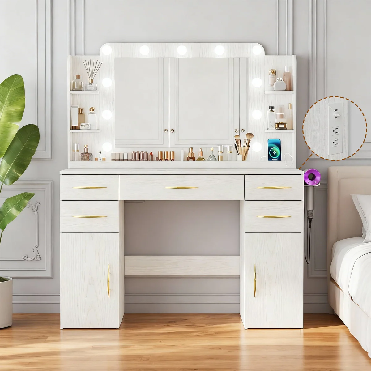 TOMNK White Vanity Desk with Mirror,