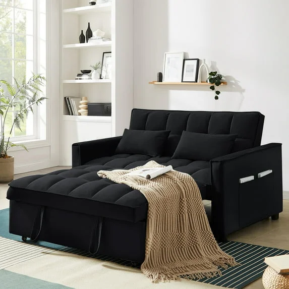 Lunale 3 in 1 Convertible Pull Out Sofa Bed, 55" Velvet Sleeper Loveseat, Black