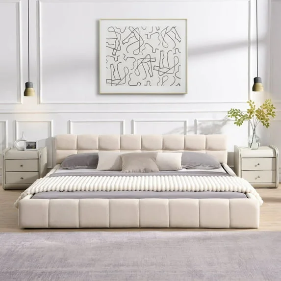Elegant Beige Chenille Upholstered Bed with Checkerboard Design, King, Beige