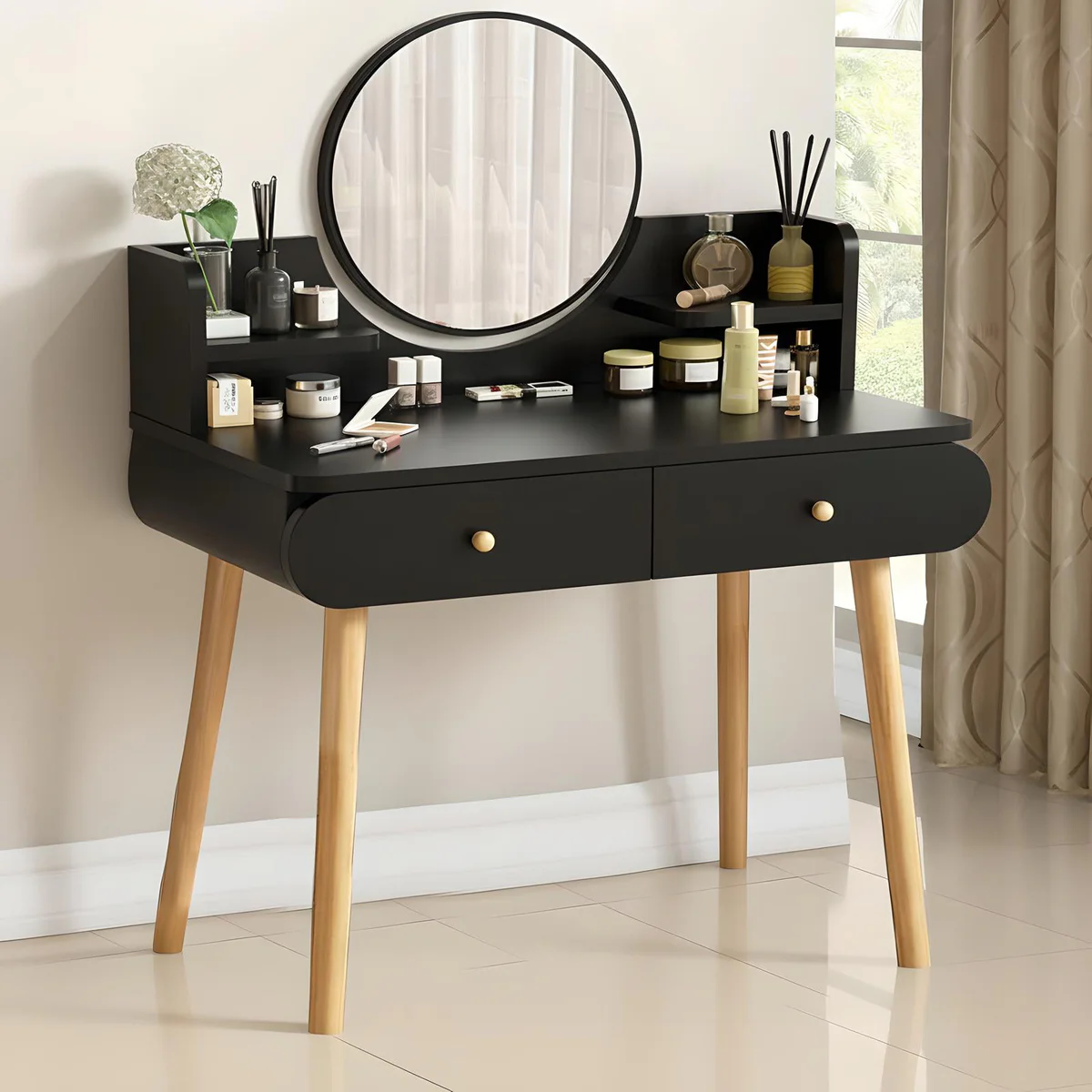 Liyufly Vanity Desk with Round Mirror and Storage Shelves