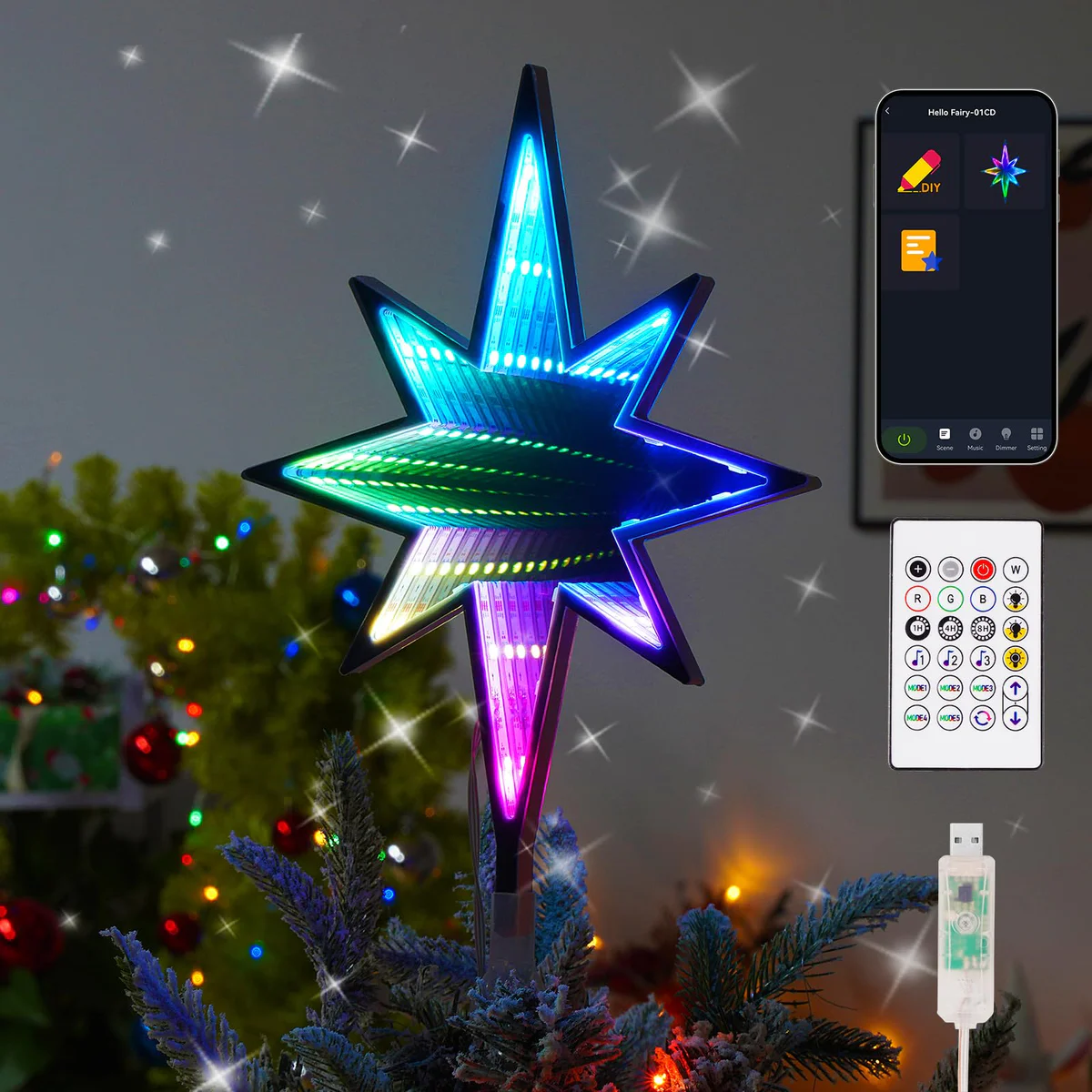 GMAULEE RGB LED Christmas Tree Topper Star with Remote and App Control