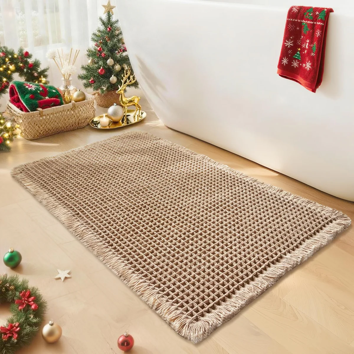 GRLYUH Waffle Weave Bath Mat with Fringe