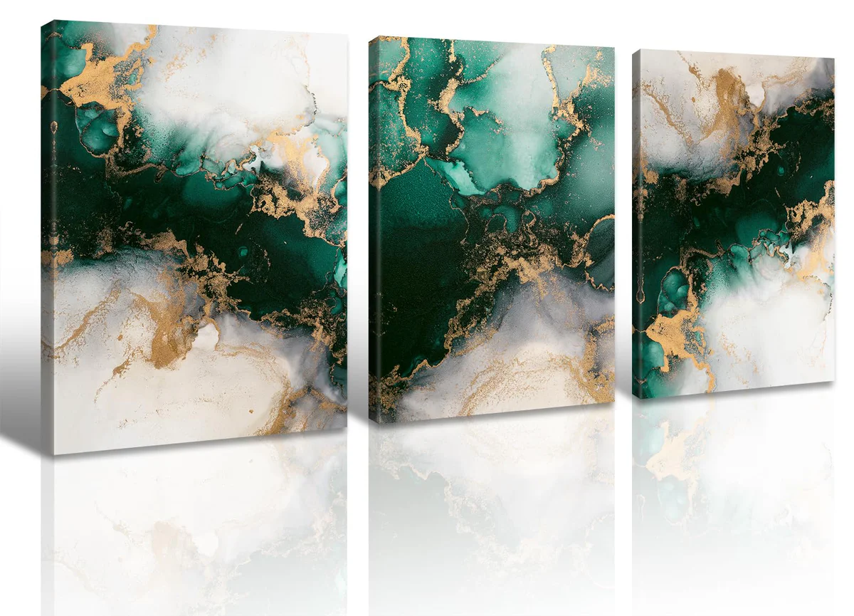 JiazuGo Abstract Emerald Green and Gold Wall Art (Set of 3)