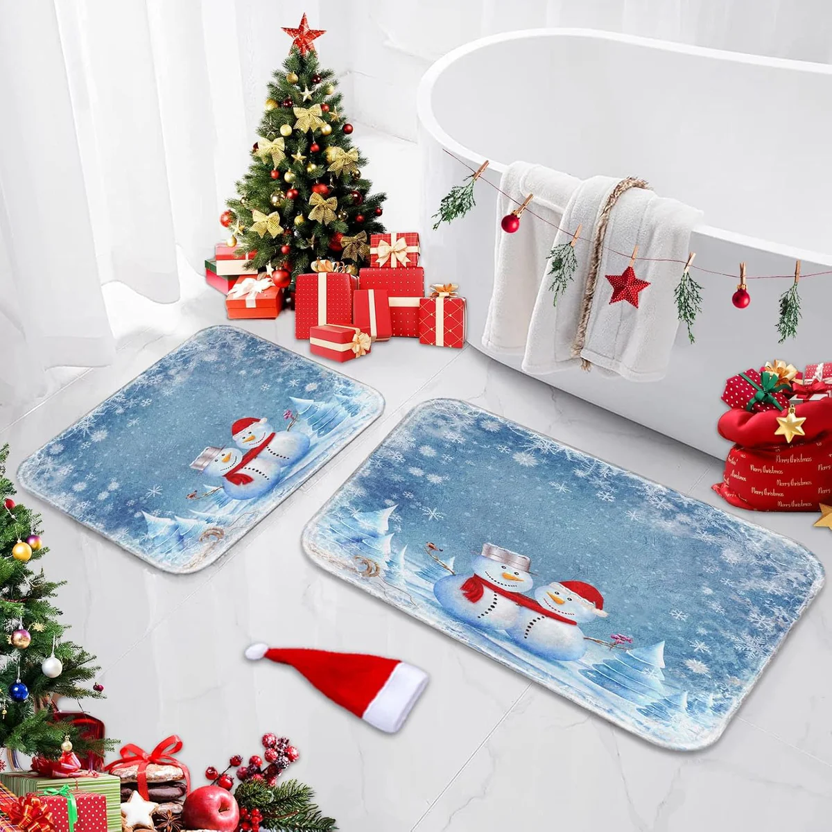 Arttown Christmas Snowman Bathroom Rug Mat Set