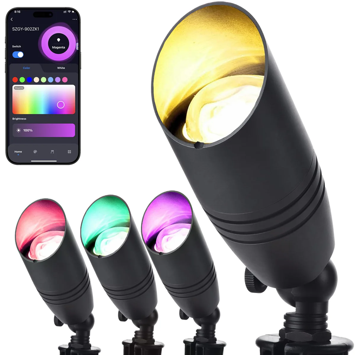 RGB Low Voltage Landscape Lighting Kit, 12 Volt Color Changing Landscape Lights, IP65 Weatherproof Aluminum Outdoor Uplights, Smart Outdoor Spotlights for Tree Lawn Black-LT2105A 4 Pack