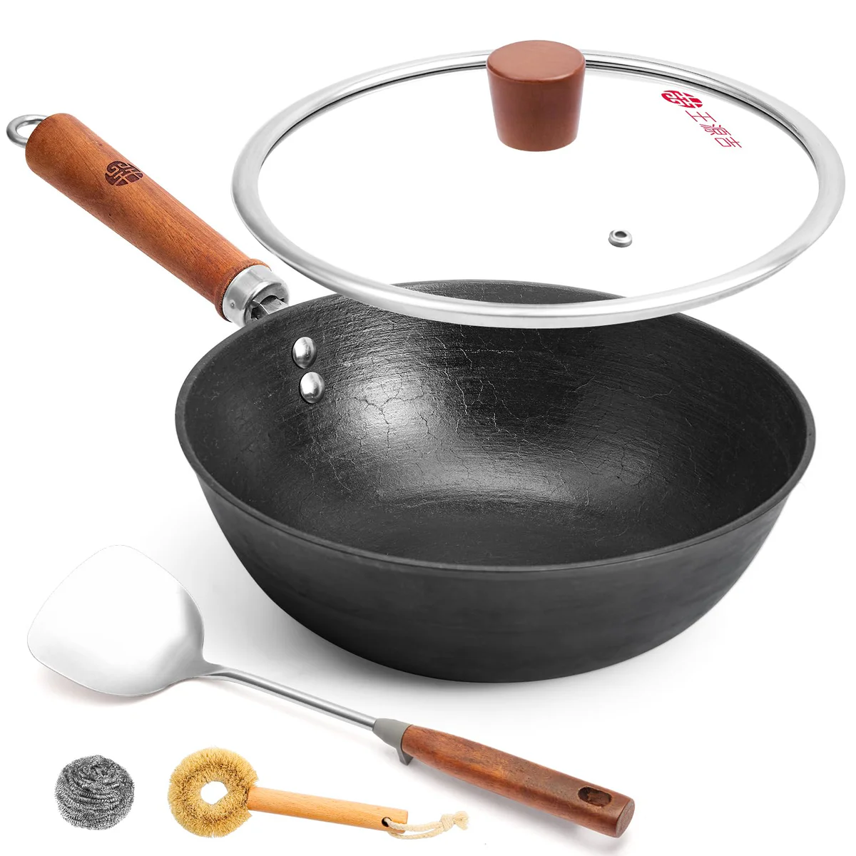 WANGYUANJI Cast Iron Wok with Lid & Wood Handle Skillet