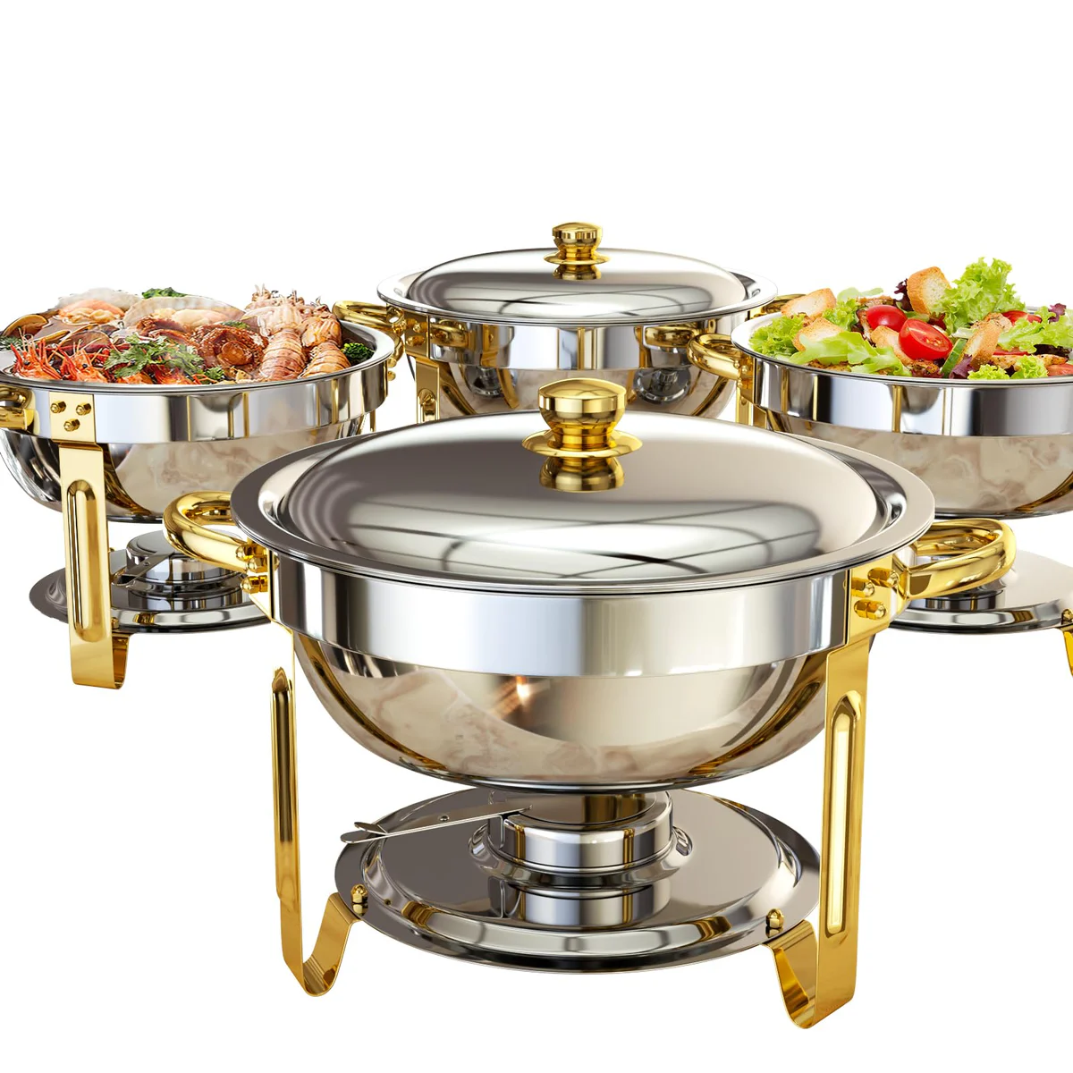 Chafing Dishes for Buffet, 4 Pack 6QT Round Chafing Dish Buffet Set [Elegant Gold and Silver Colors] Stainless Steel Buffet Servers and Warmers for Catering Events Parties Dinners with Complete Set