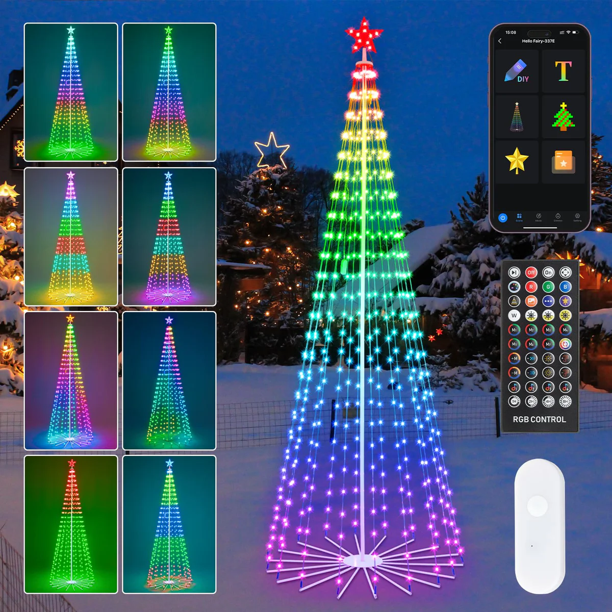 HOLILLUMA 9FT RGB Color Changing Pre-lit Smart Cone Christmas Tree