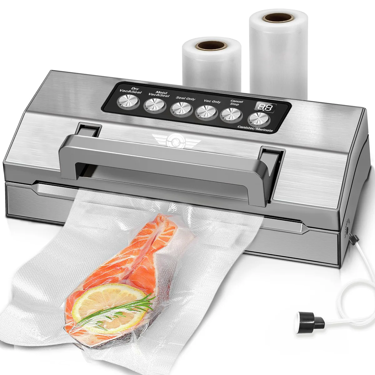 Precision Food Vacuum Sealer Machine, POWOT Fully Automatic Vacuum Sealing System, Commercial Food Vacuum Saver Pro, Double Heat Seal, Easy-Lock Handle, Built-in Cutter&Bag Storage, Hose&Bag Rolls Gre