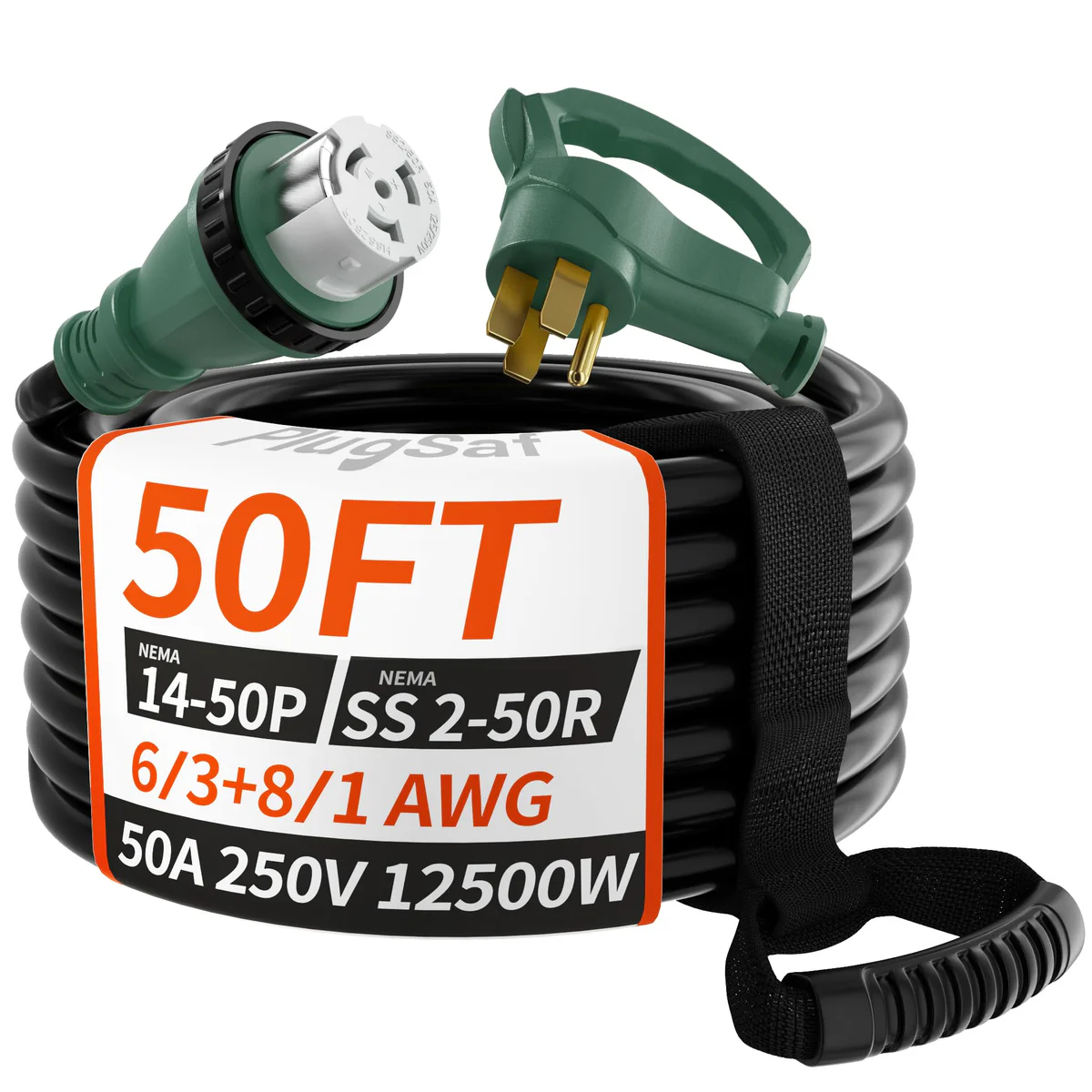 PlugSaf 50FT 50A Generator Extension Cord 14-50P to SS 2-50R