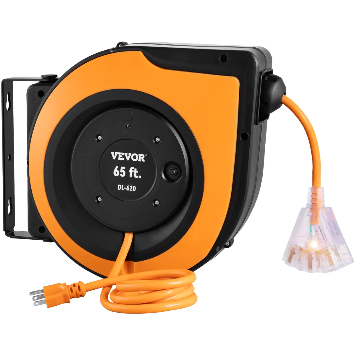 VEVOR 65 ft. Retractable Extension Cord Reel w/ Triple Tap Connector