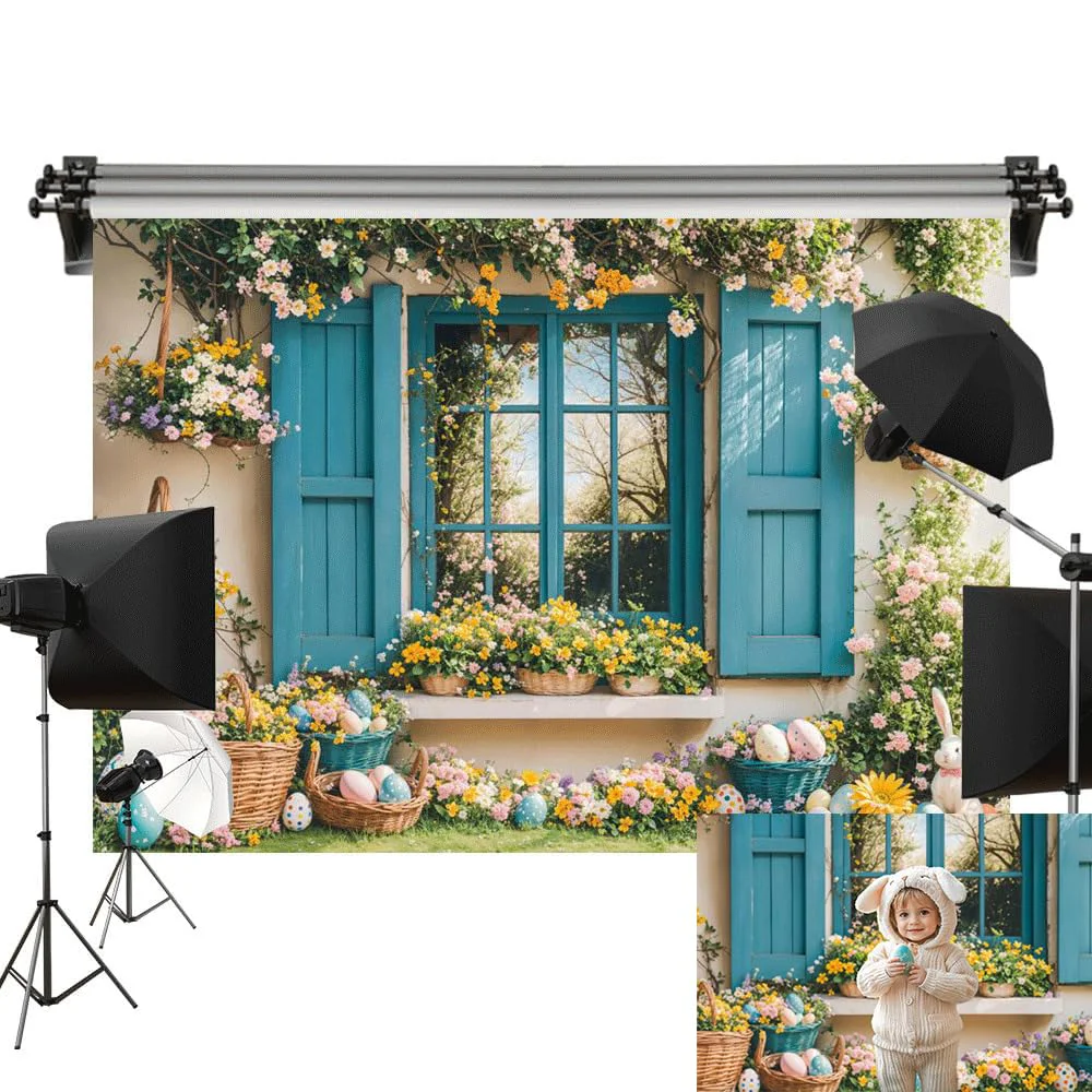 Kate Easter Photography Backdrop Blue Window Floral Bunny