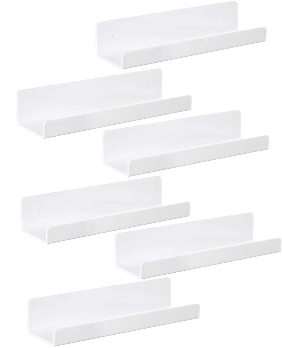 IEEK 6 PCS White Acrylic Floating Shelves Display Ledge,Wall Mounted Nursery Kids Bookshelf,15 Inch 
