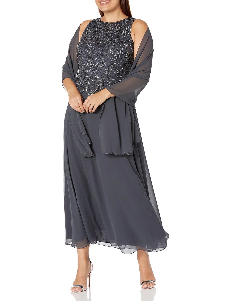 J Kara Womens Sleeveless Scallop Trim Beaded Mock Flare Dress 8 Petite Grey/Gun/Mercury