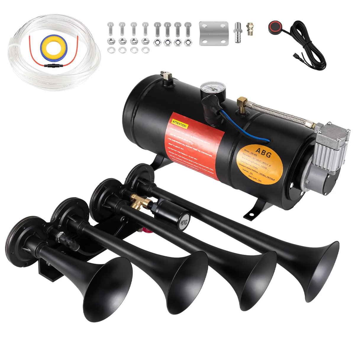 Train Horns Kit for Trucks 180dB Super Loud Truck Air Horn with 150 PSI 12V Air Compressor Air Tank Can for Truck Car Jeep SUV Train Pickup Boat and Other Vehicles 0.8 Gal Parallel 4-Trumpet Black