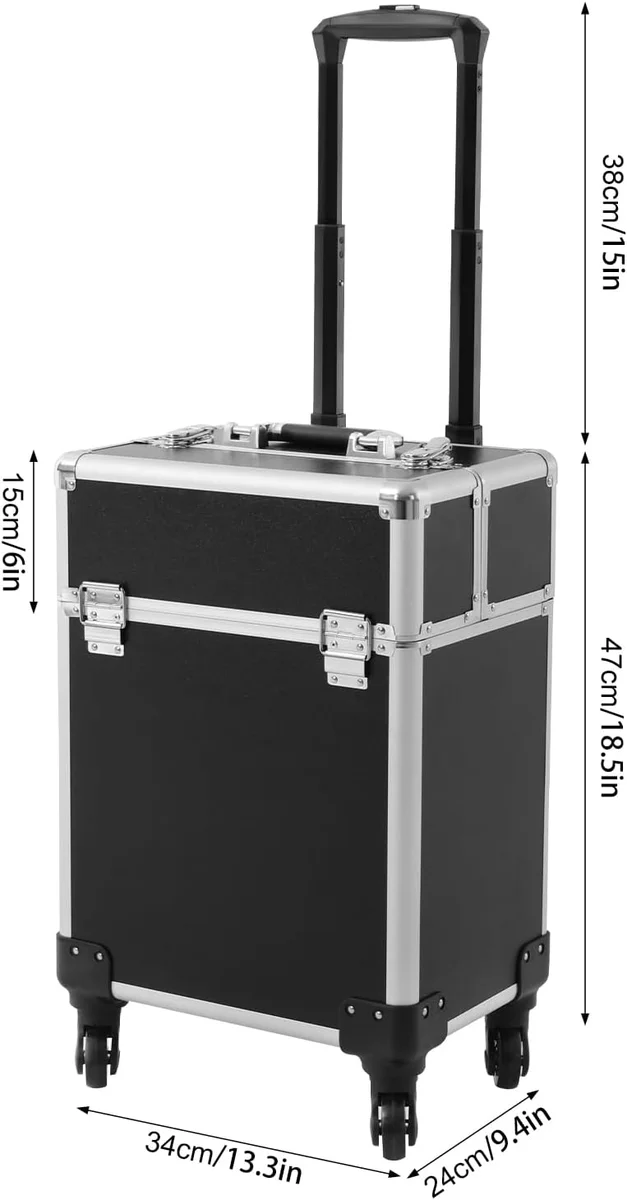 Professional Rolling Makeup Case with Retractable Handle, Aluminum Alloy Cosmetic Organizer with Locks & Wheels, Large Capacity Beauty Travel Case for Makeup Artists, Black