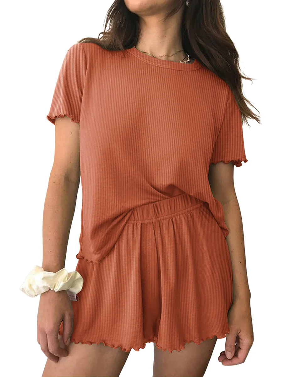 Ekouaer Women's Ribbed Knit Pajama Set