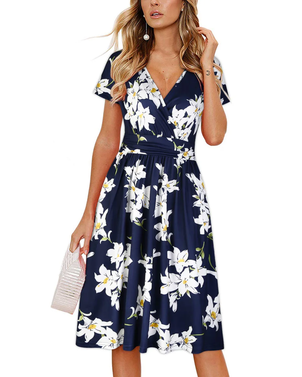OUGES Women's Floral Short Sleeve V-Neck Party Dress