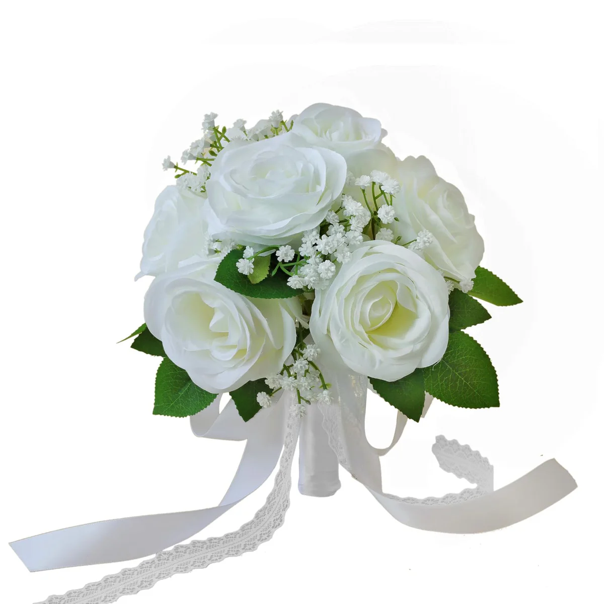 White Wedding Bouquets for Bride Bridesmaid, 7 Inch Baby's Breath Ivory Artificial Roses Flowers Bridal Bouquets for Wedding Decor, Ceremony, Anniversary, Homecoming, etc. White 1 PCS