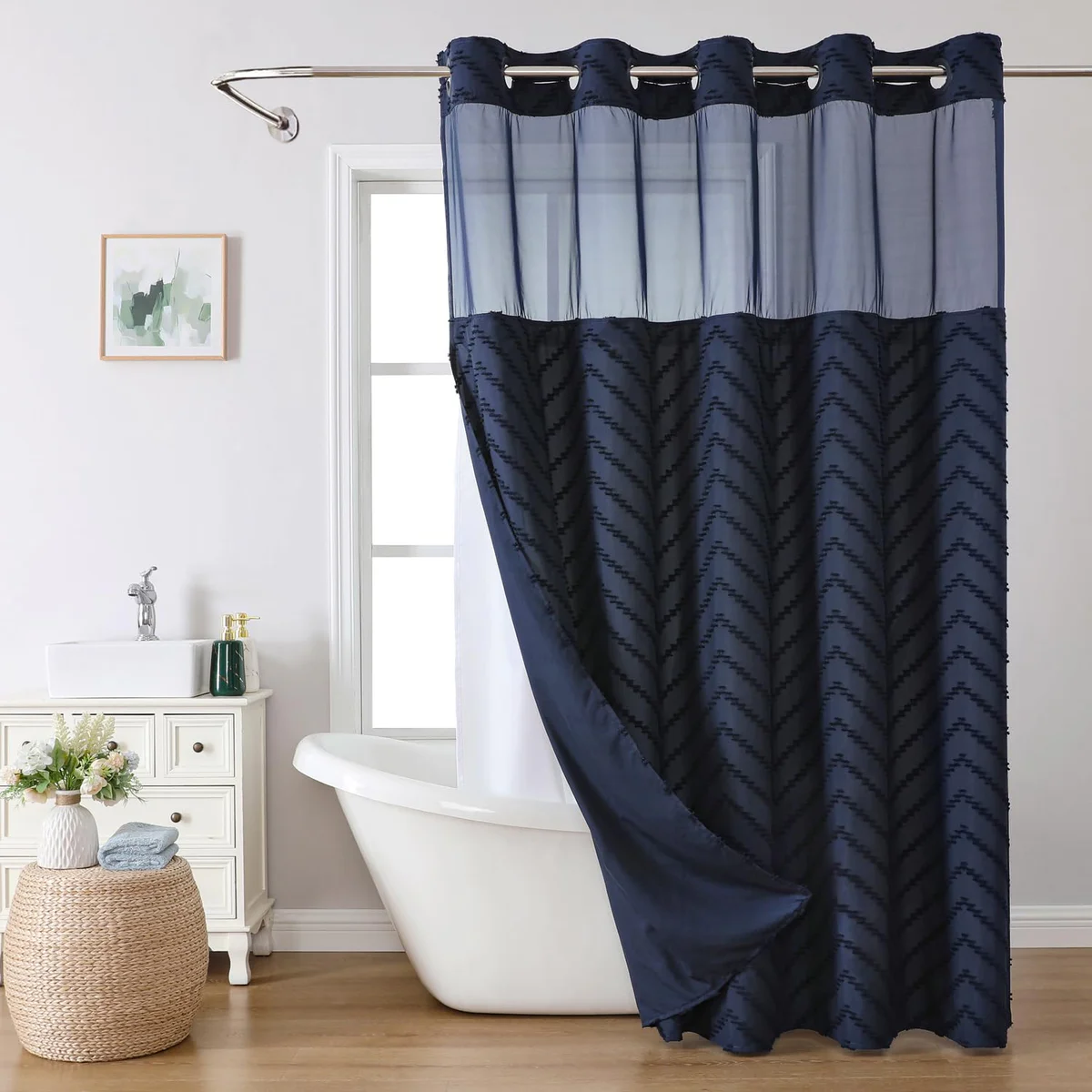 No Hook Tufted Chevron Striped Shower Curtain 