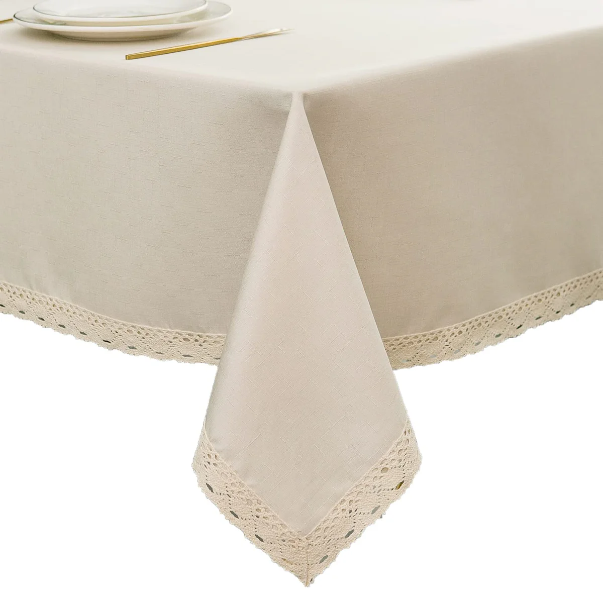 EHouseHome Faux Linen Tablecloth with Lace Trim