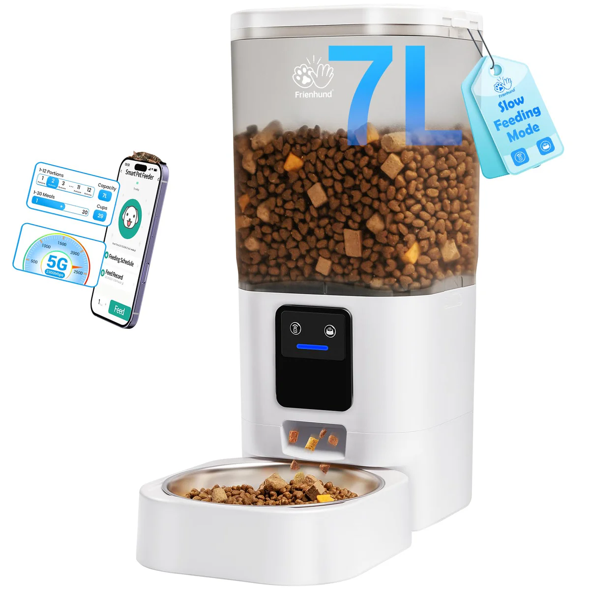 Automatic Cat Feeder with Slow Feed: 7L Automatic Dog Feeder with Large Pet Food Storage, 5G WiFi Auto Cat Food Dispenser with Alexa for Multiple Pets, Detachable for Easy Cleaning - 29 Cup 1-White 5G