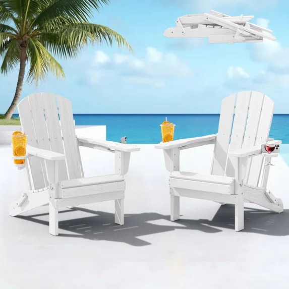 SERWALL Folding Adirondack Chair Set of 2 with Dual Cup Holders & Phone Holder