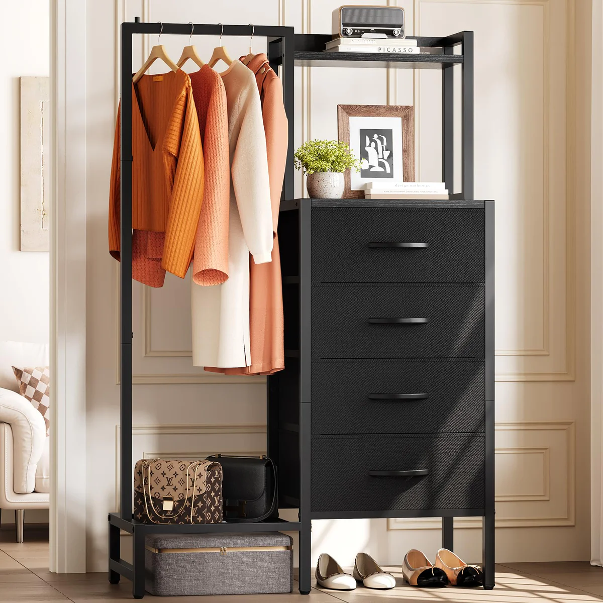 dresser with hanging rack Winkalon Clothes 8 Drawer Dresser with Clothing Rack for Clothes Brown Dresser with Fabric Drawers & Charging Station shoe rack 3-in-1 Black Dresser with Hanging