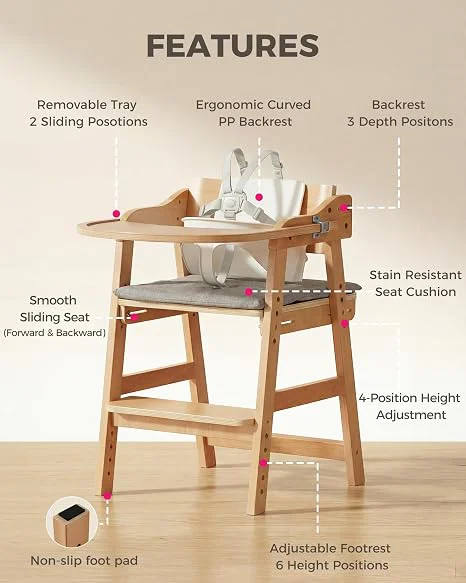 ONTHEWEI Adjustable  Wooden Baby High Chair with Tray
