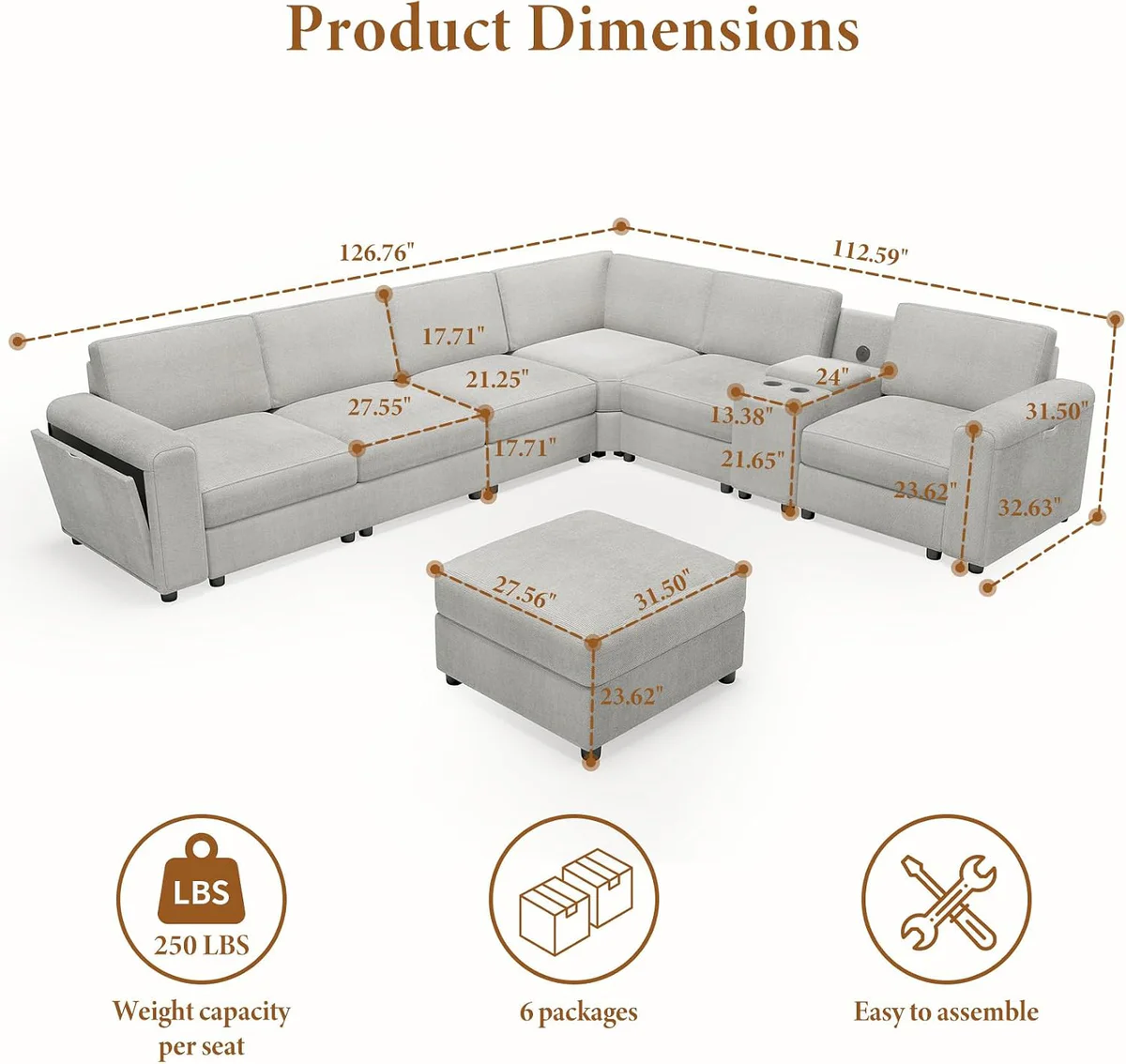 Vesgantti 6-Seater L-Shaped Sectional Sofa with Ottoman