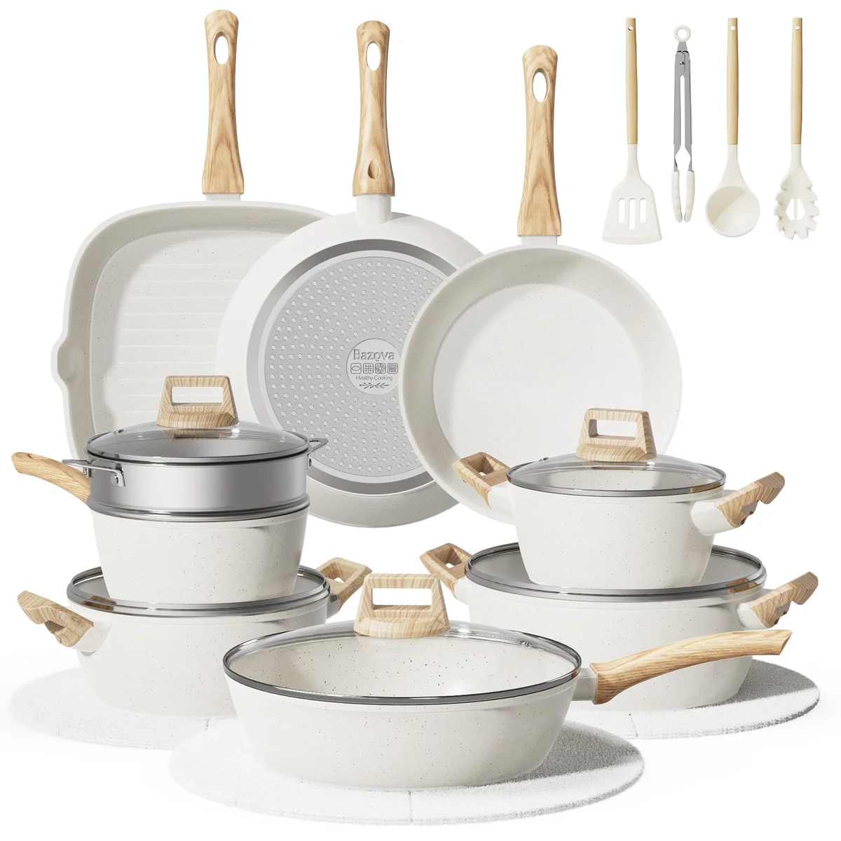 Bazova 24-Piece Non-Stick Cookware Set, Cream White